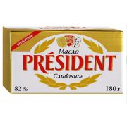 МАСЛО кислосливочное несоленое Президент в/с 180г 82% 1*10